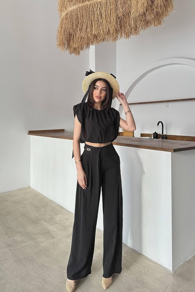 Elisa Črni Eleganten Ležeren Set Z Širokimi Hlačami Palazzo Oblačila na debelo Ležerno