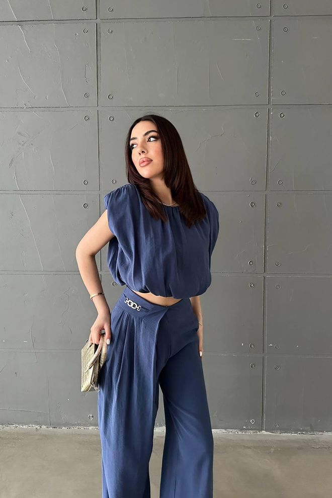 Elisa Set Marineblauw Elegant Palazzo Groothandel Kleding 1