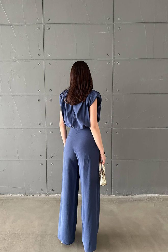 Elisa Set Marineblauw Elegant Palazzo Groothandel Kleding Lente