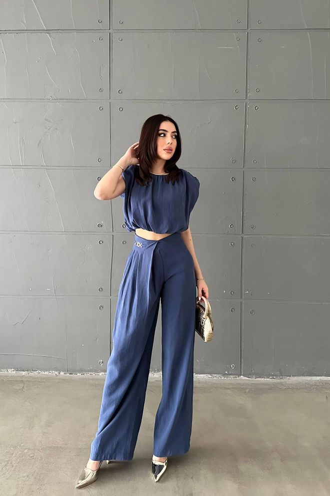 Elisa Navy Blue Elegant Palazzo Set Wholesale Clothing Casual