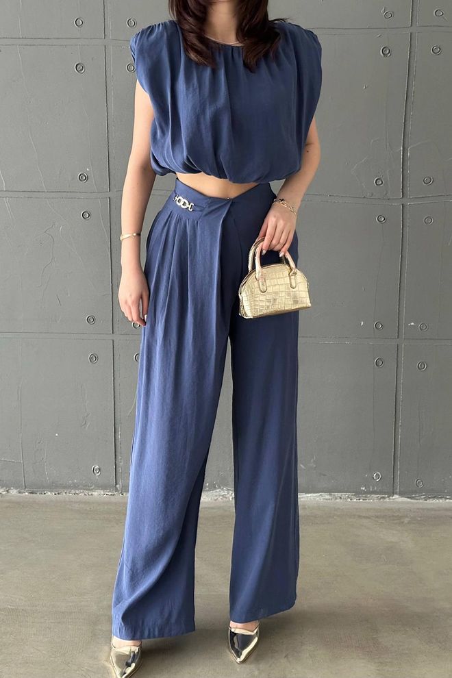 Elisa Set Marineblauw Elegant Palazzo Groothandel Kleding Werk