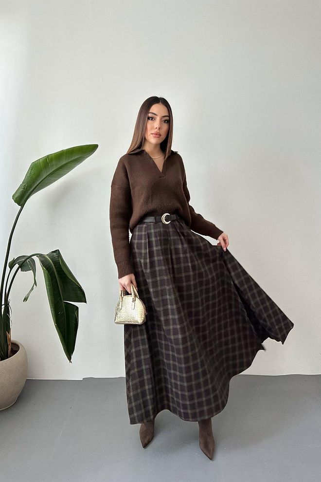 Elisa Brown Checkered Flared Maxi Skirt With High Waist Wholesale Clothing Casual