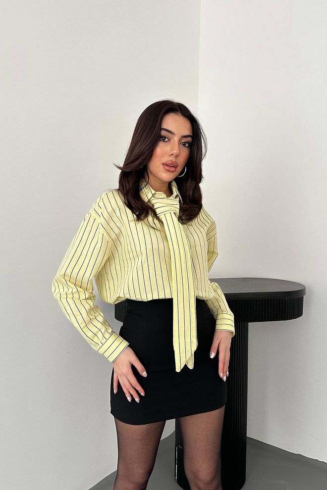 Elisa Yellow Striped Polo Neck Oversized Fit Shirt Wholesale Clothing Casual