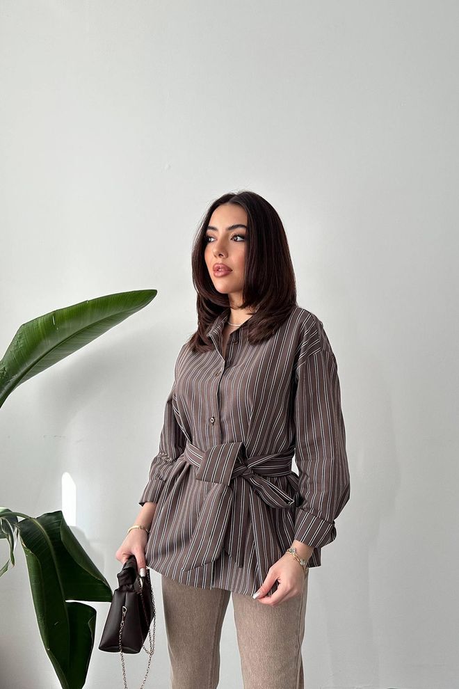 Elisa Brown Striped Formal Shirt With Notched Neck Wholesale Clothing Casual