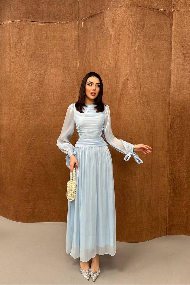 Elisa Elegant Blue Fit And Flare Dress Wholesale Clothing Modest