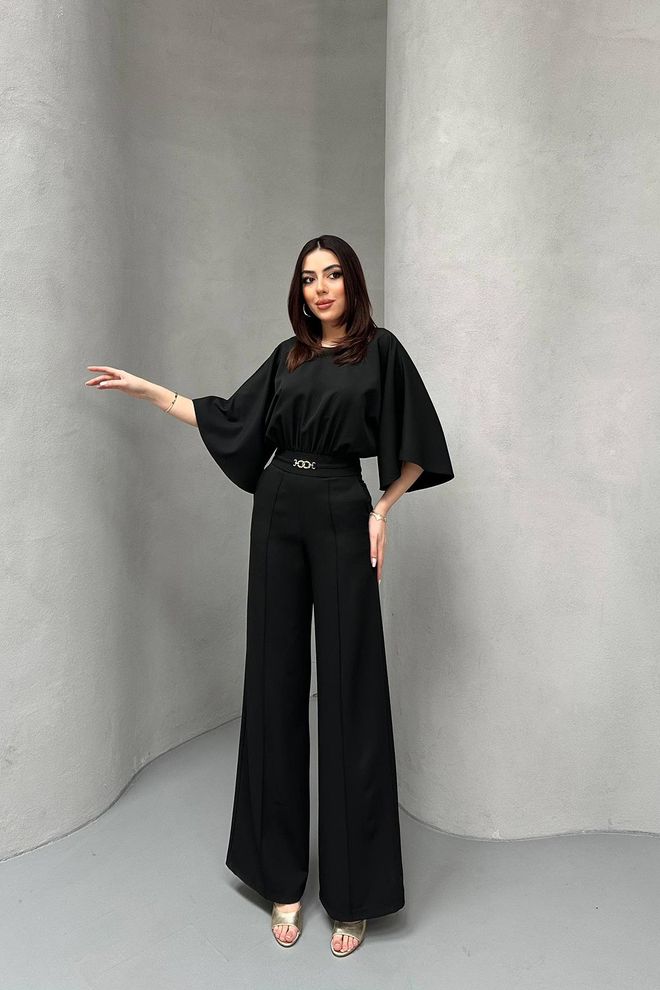 Elisa Black Elegant Tailored Jumpsuit With Cape Sleeves Wholesale Clothing Formal