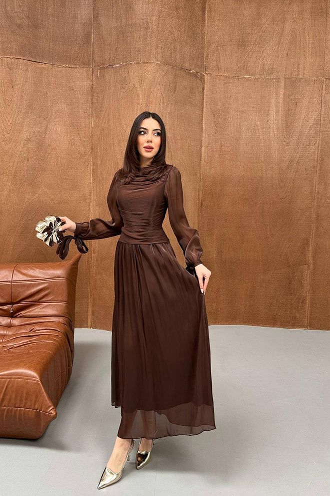 Elisa Elegant Brown Fit And Flare Dress With Ballon Sleeves Wholesale Clothing Formal