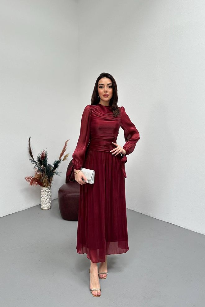 Elisa Claret Red Elegant Fit And Flare Dress Wholesale Clothing Modest