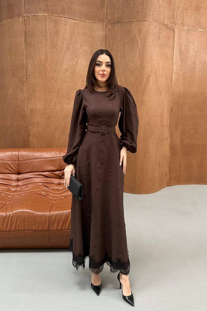 Elisa Elegant Brown A Line Dress With Ballon Sleeves Wholesale Clothing Vintage