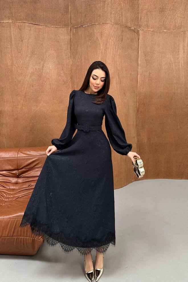 Elisa Elegant Black A Line Maxi Dress With Ballon Sleeves Wholesale Clothing Modest