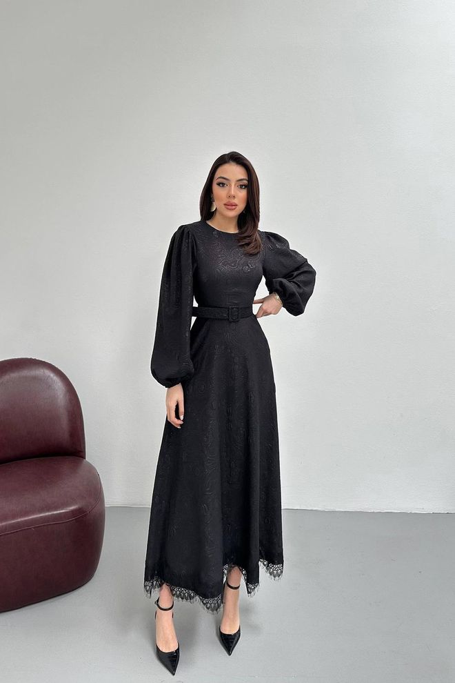 Elisa Czarna Elegancka Sukienka W Kształcie Litery A Z Rękawami Balonowymi Hurtowa sprzedaż odzieży Skromny