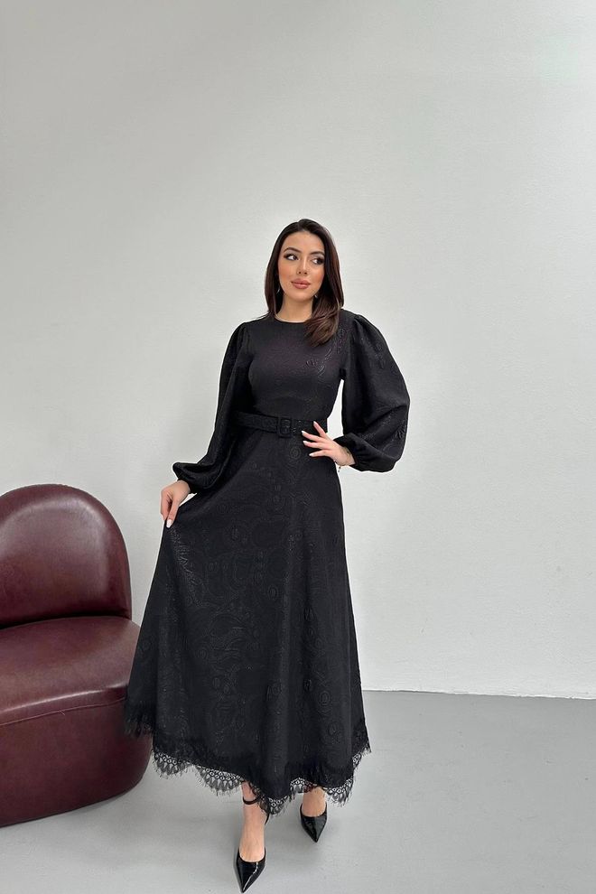 Elisa Black Elegant A Line Dress With Ballon Sleeves Wholesale Clothing 1