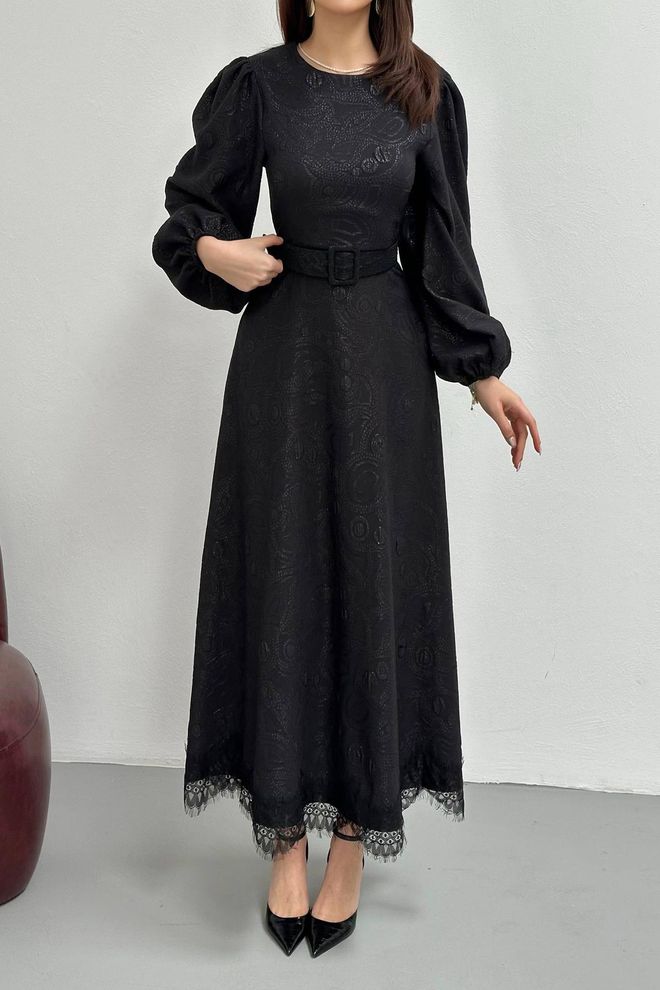 Elisa Black Elegant A Line Dress With Ballon Sleeves Wholesale Clothing Vintage