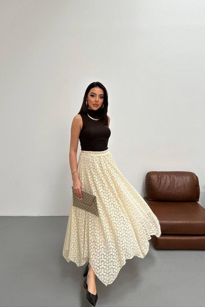 Elisa Béžová Elegantná Asymetrická Maxi Sukňa S Vysokým Pásom Veľkoobchod s oblečením Vintage