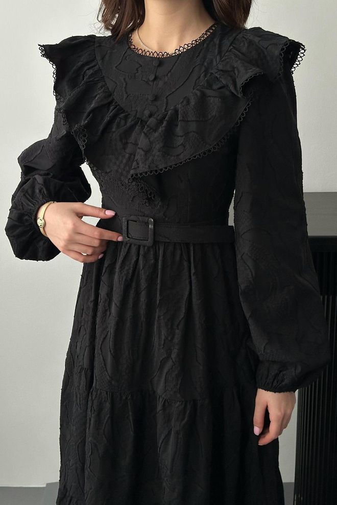 Elisa Zwarte Fit And Flare Jurk Met Lange Ruches Mouwen Groothandel Kleding Werk