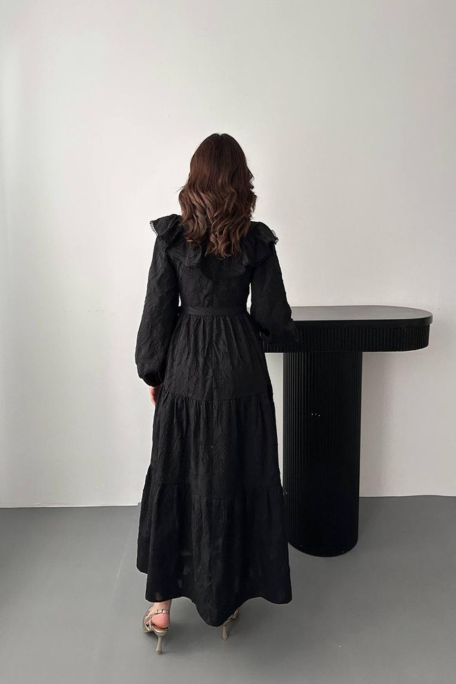 Elisa Zwarte Fit And Flare Jurk Met Lange Ruches Mouwen Groothandel Kleding Casual