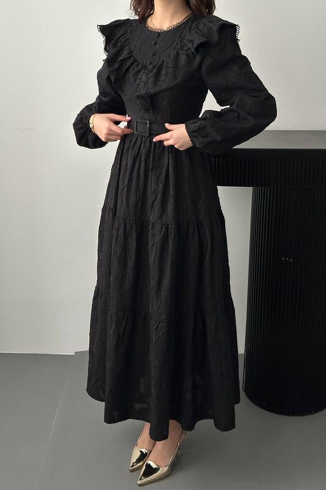 Elisa Zwarte Fit And Flare Jurk Met Lange Ruches Mouwen Groothandel Kleding Lente