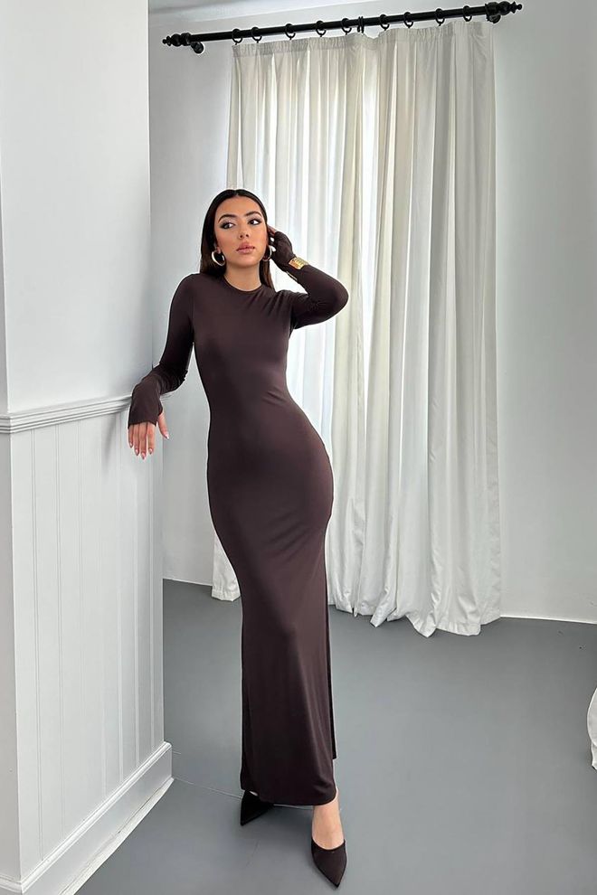 Elisa Vestito Bodycon Marrone Elegante Con Maniche Lunghe Abbigliamento all'ingrosso Sexy
