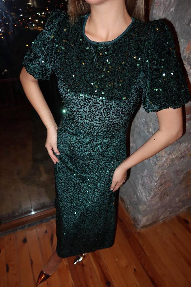 Elisa Green Sequined A Line Midi Puff Sleeve Dress Wholesale Clothing No Fabric