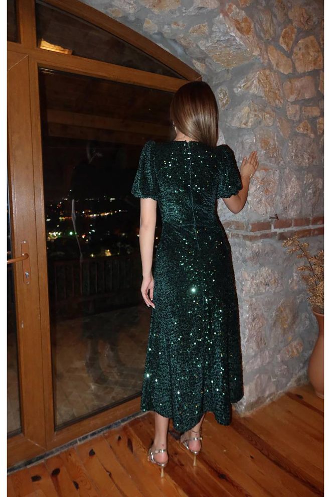 Elisa Green Sequined A Line Midi Puff Sleeve Dress Wholesale Clothing Birthday