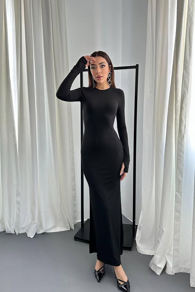 Elisa Vestito Nero Elegante A Guaina Con Maniche Lunghe Abbigliamento all'ingrosso Sexy