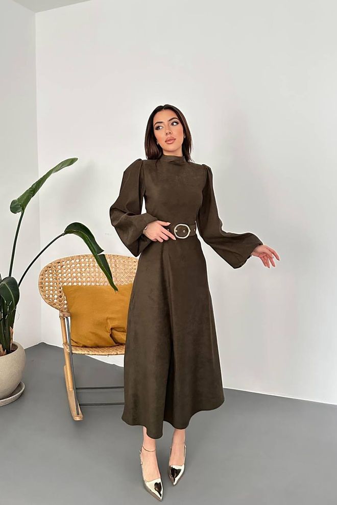 Elisa Vestito Marrone Elegante E Modesto A Linea A Abbigliamento all'ingrosso Modesto