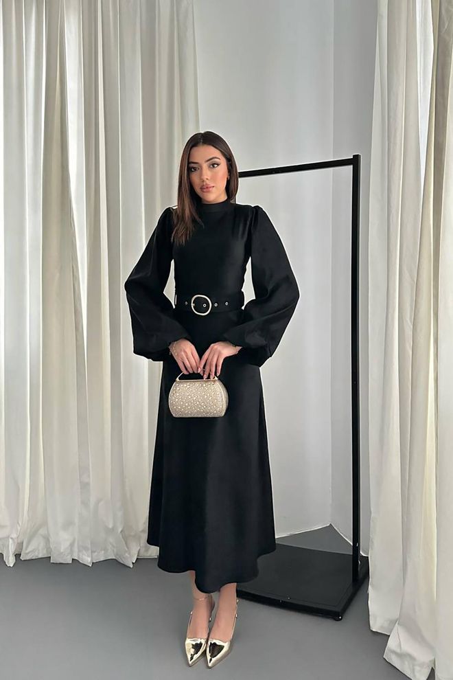 Elisa Vestito Nero Elegante Modesto A Line Abbigliamento all'ingrosso Modesto