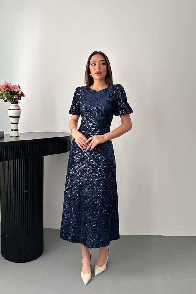 Elisa Robe Bleu Marine À Paillettes Coupe Cintrée Évasée Vêtements en gros Formel