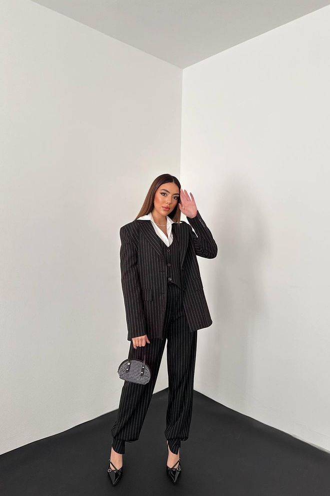 Elisa Conjunto Preto Formal Elegante Às Riscas Roupas por atacado Formal