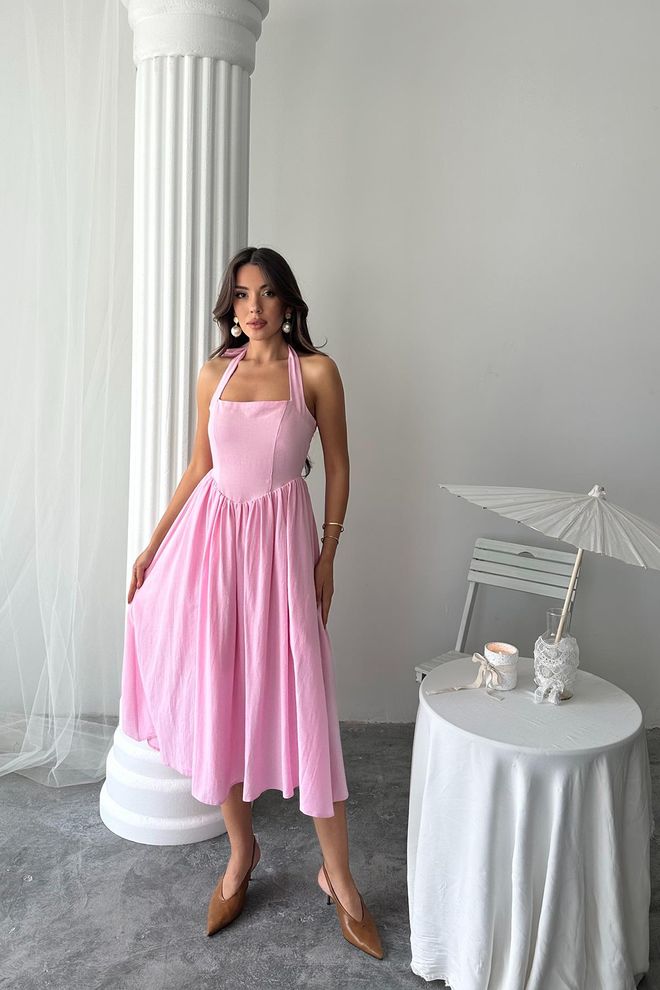 Elisa Veleprodajna Lanena Haljina S Ružičastim Vratom Veleprodaja odjeće Formalni