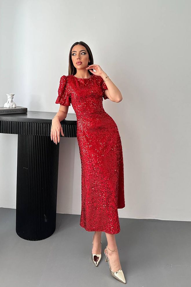 Elisa Rode Elegante Schede Jurk Met Pailletten En Korte Pofmouwen Groothandel Kleding Formeel