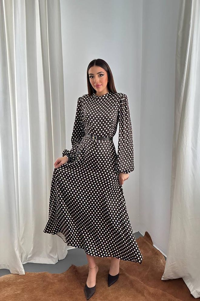 Elisa Zwarte Polka Dot Fit And Flare Midi Jurk Groothandel Kleding Bescheiden