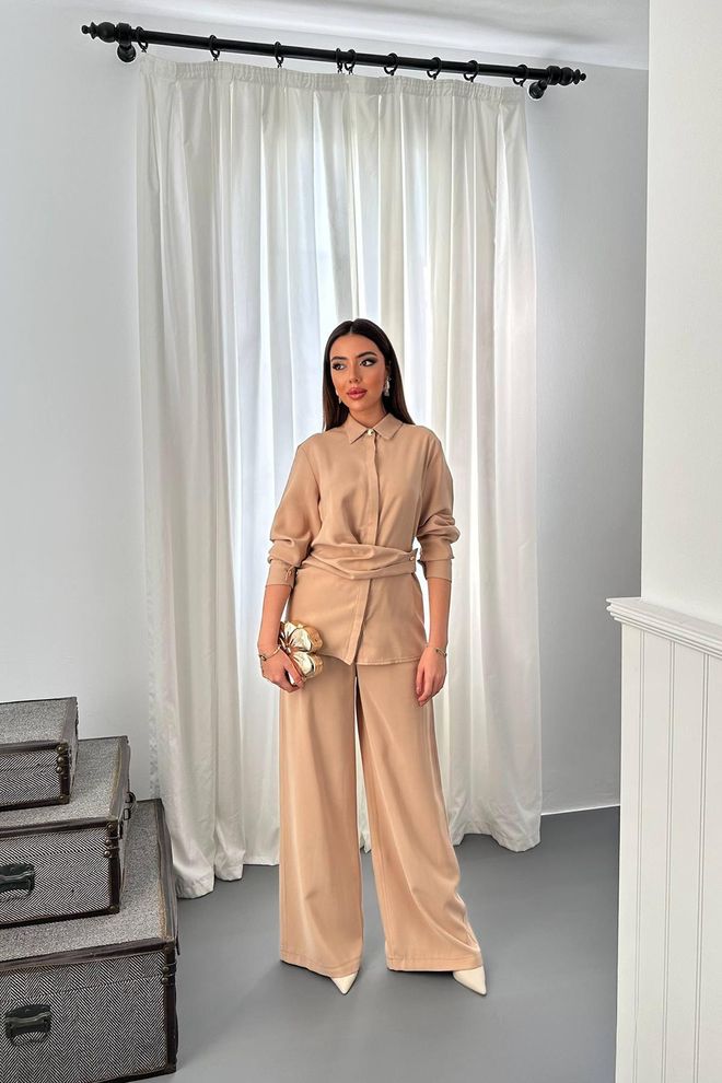 Elisa Beige Elegant Set With Polo Neck & Wide Leg Palazzo Wholesale Clothing Modest