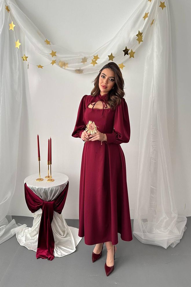 Elisa Claret Red Elegant Fit And Flare Dress Wholesale Clothing Modest