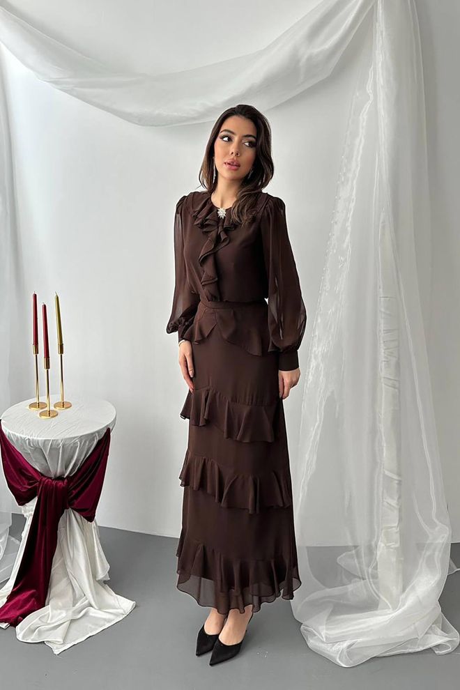 Elisa Set Marrone Elegante A Strati Maxi Abbigliamento all'ingrosso Modesto