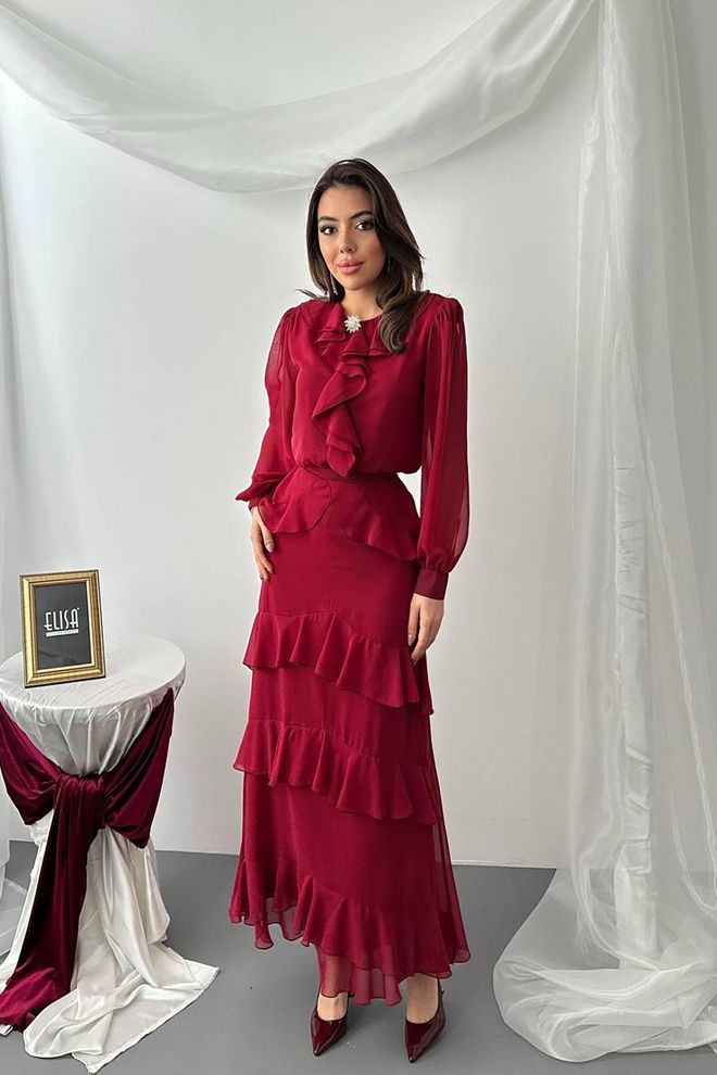 Elisa Set Bordeaux Elegante Formale Vintage Maxi Abito Abbigliamento all'ingrosso Annata
