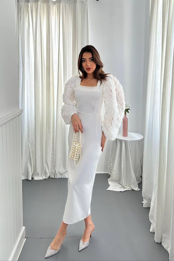 Elisa Elegantné Biele Šaty Sheath S Balónovými Rukávmi Veľkoobchod s oblečením Sexy