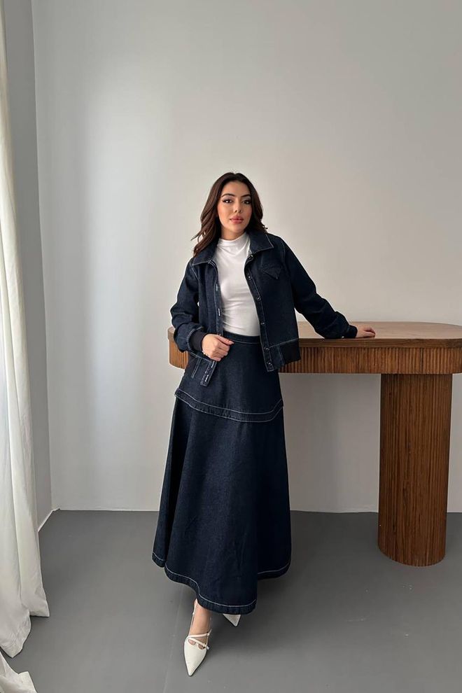 Elisa Set Casual Elegante Blu Navy Con Gonna Maxi A Line Abbigliamento all'ingrosso Modesto