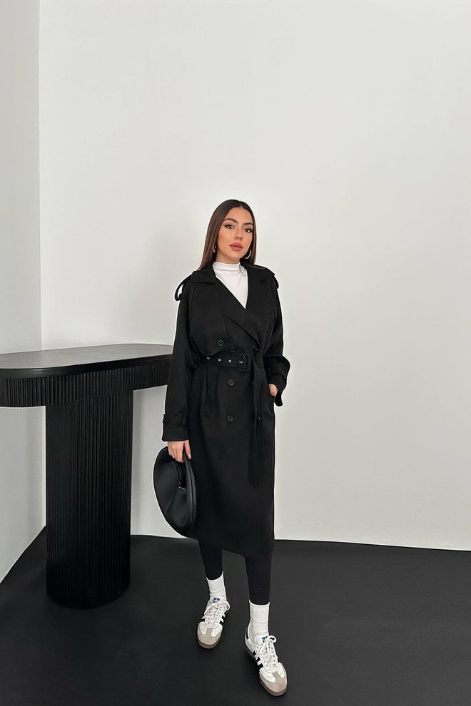 Elisa Trench Classico Nero Elegante Formale Monopetto Con Bottoni Abbigliamento all'ingrosso Modesto