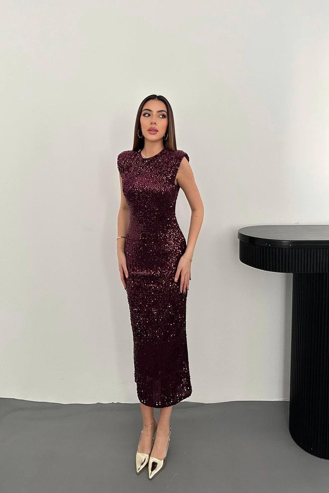 Elisa Vestito Bordeaux Elegante Con Paillettes A Guaina Midi Abbigliamento all'ingrosso Formale