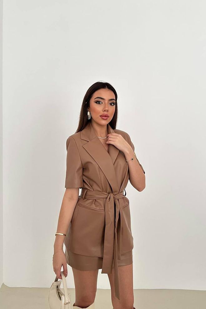 L&C Brown Elegant Formal Tie Faux Leather Jacket Wholesale Clothing Work