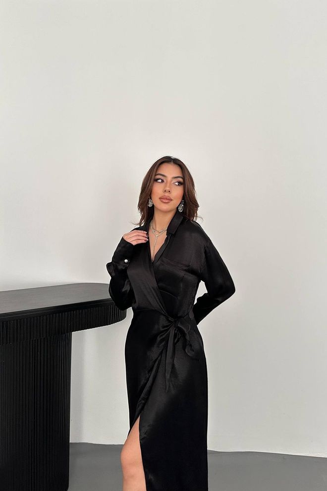 L&C Vestido Envelope Preto Elegante Com Mangas Longas Roupas por atacado Aniversário