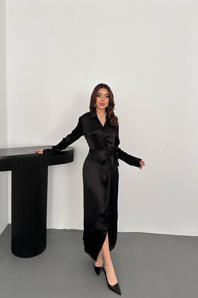 L&C Κομψό Μαύρο Wrap Φόρεμα Με Μακριά Μανίκια Χονδρικό εμπόριο ενδυμάτων Σέξι