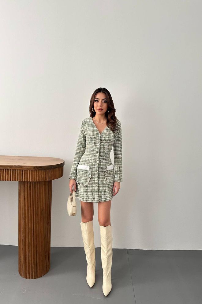 L&C Bež Mini Karirani Shift Haljina S V izrezom I Ravnim Rukavima Veleprodaja odjeće Poliester