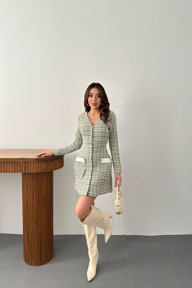 L&C Бежевое Мини Платье С Рисунком В Клетку V образным Вырезом И Прямыми Рукавами Оптовая продажа одежды Повседневный