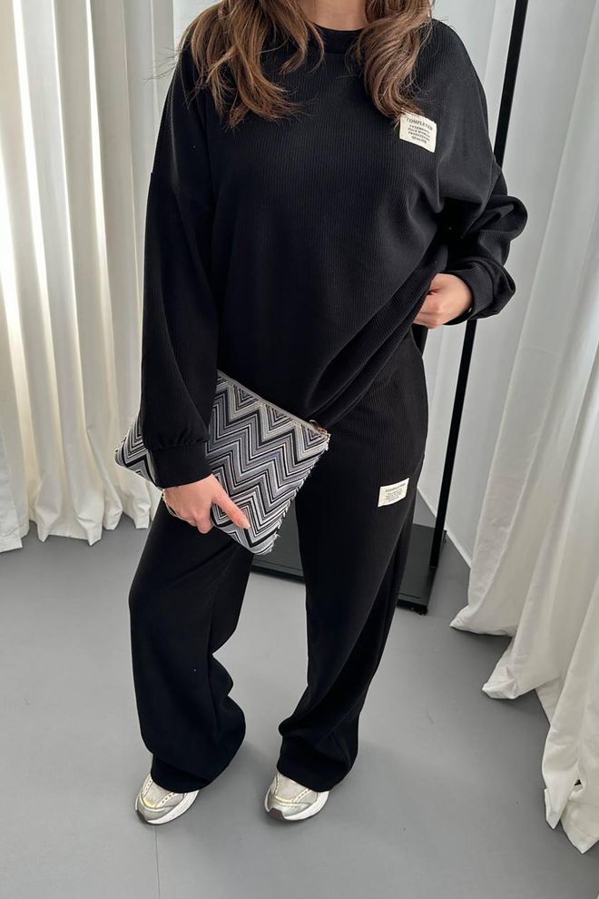 Elisa Classic Ribbed Sweater And Trousers Set Black Wholesale Clothing Fall