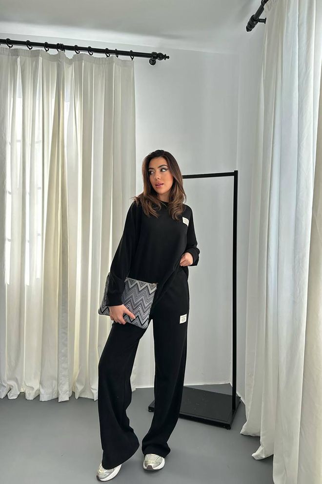 Elisa Classic Ribbed Sweater And Trousers Set Black Wholesale Clothing Polyester