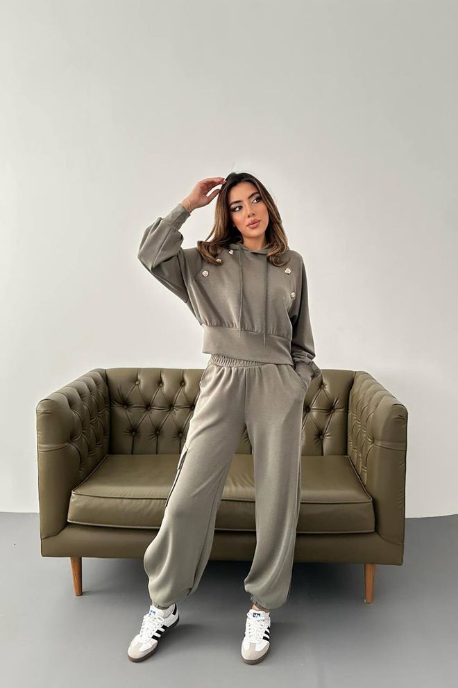 Elisa Set Felpa Con Cappuccio E Pantaloni Cargo Kaki Abbigliamento all'ingrosso Casuale