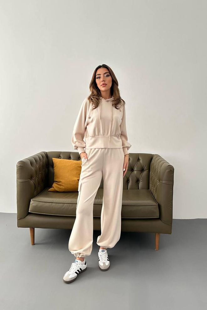 Elisa Set Felpa Con Cappuccio E Pantaloni Cargo Beige Abbigliamento all'ingrosso Casuale