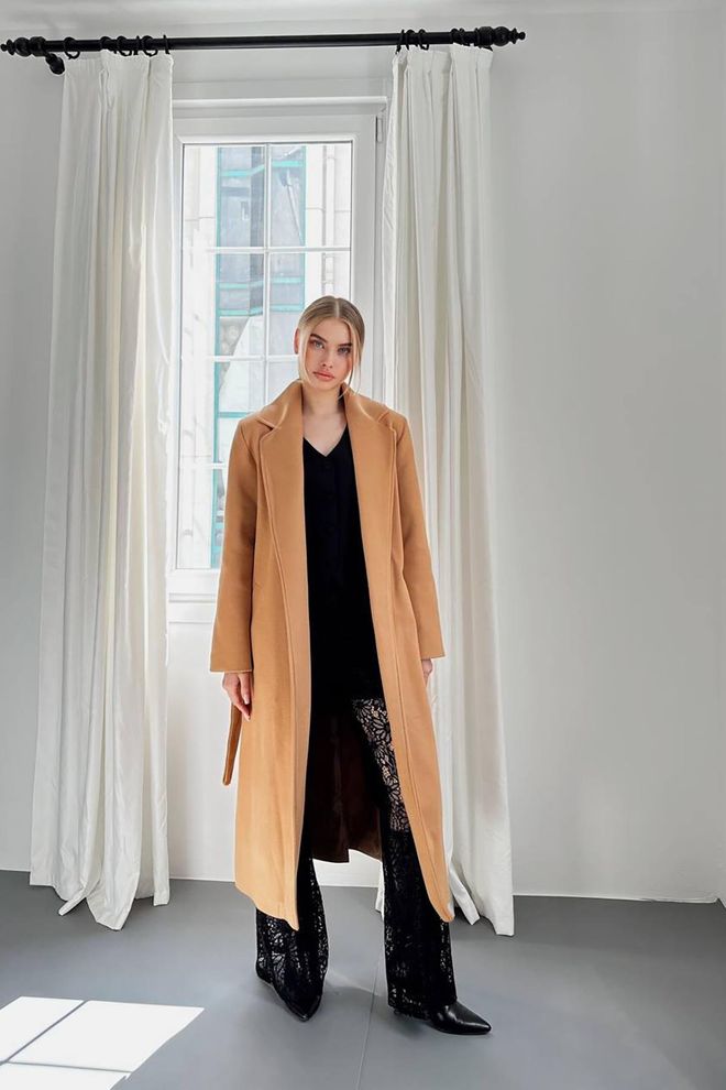 Elisa Cappotto Midi Con Cintura Cammello Abbigliamento all'ingrosso Casuale